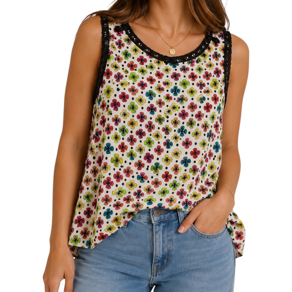Loulou de la Falaise Y2K Floral‎ Sleeveless Blouse Crochet Trim White Size 6